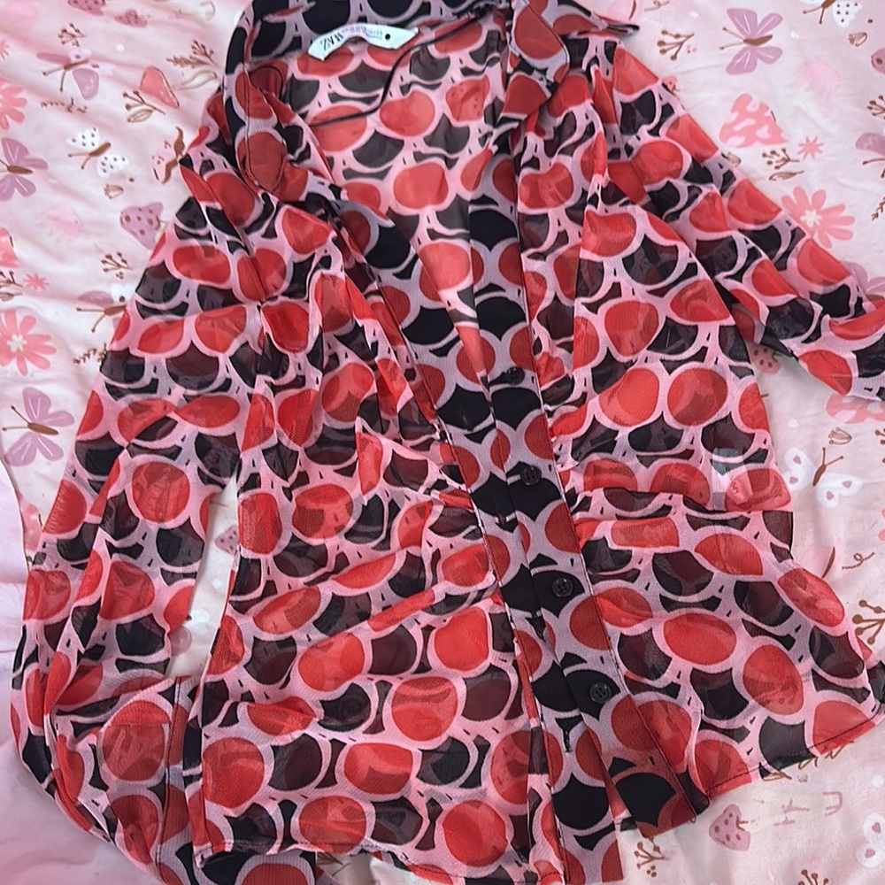 Zara Red and Black Patterned Blouse